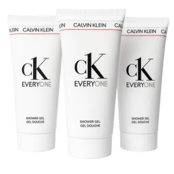 Three upright 100ml tubes of CK Everyone Shower Gel Body Wash for Men display the black logo and product name on the front.