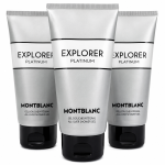 Three tubes of Montblanc Explorer Platinum Shower Gel Body Wash for Men (150ml each) are arranged upright against a white background.