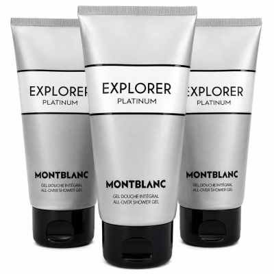 Three tubes of Montblanc Explorer Platinum Shower Gel Body Wash for Men (150ml each) are arranged upright against a white background.