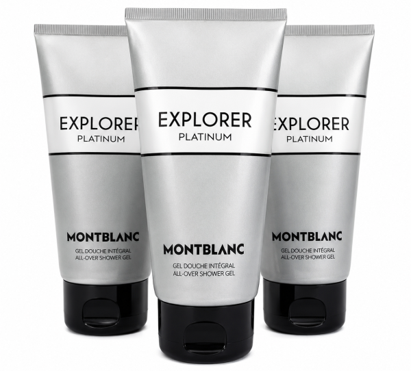 Three tubes of Montblanc Explorer Platinum Shower Gel Body Wash for Men (150ml each) are arranged upright against a white background. Three tubes of Montblanc Explorer Platinum Shower Gel Body Wash for Men (150ml each) are arranged upright against a white background.