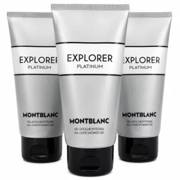 Three tubes of Montblanc Explorer Platinum Shower Gel Body Wash for Men (150ml each) are arranged upright against a white background.