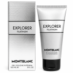 Montblanc Explorer Platinum Shower Gel Body Wash for men, 150ml tube, pictured beside its silver and white retail box featuring black text.