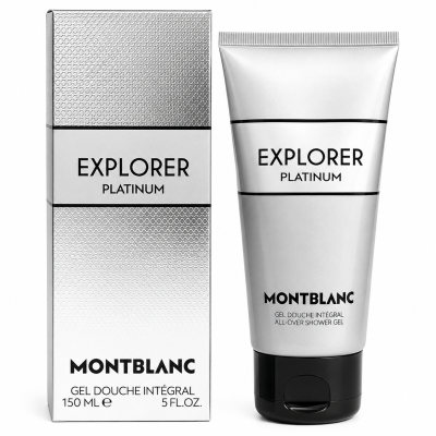 Montblanc Explorer Platinum Shower Gel Body Wash for men, 150ml tube, pictured beside its silver and white retail box featuring black text.