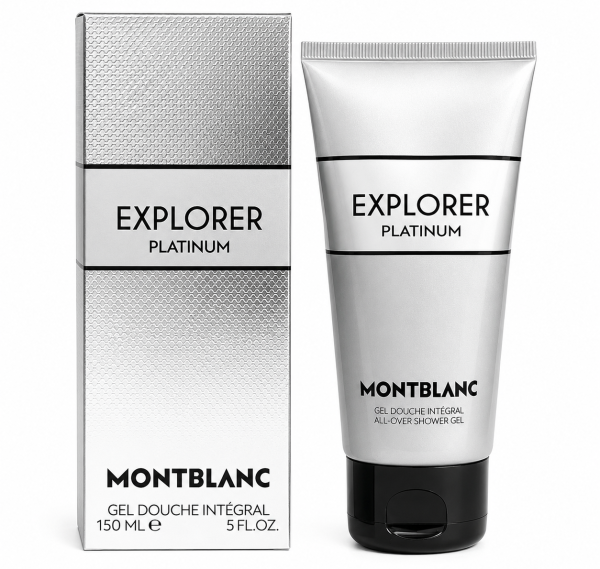 Montblanc Explorer Platinum Shower Gel Body Wash for men, 150ml tube, pictured beside its silver and white retail box featuring black text. Montblanc Explorer Platinum Shower Gel Body Wash for men, 150ml tube, pictured beside its silver and white retail box featuring black text.