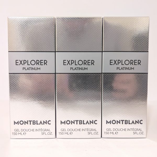 Three boxes of Montblanc Explorer Platinum shower gel, 150 ml each, arranged side by side.