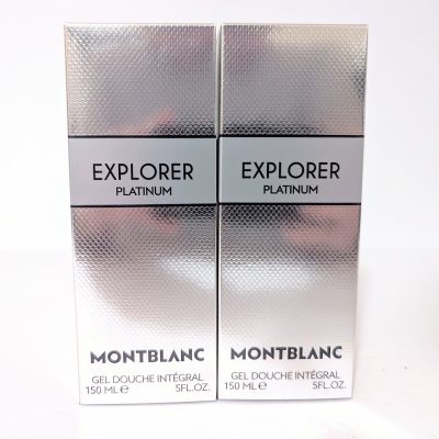 Two boxes of Montblanc Explorer Platinum shower gel, 150 ml each, with a silver and white design.