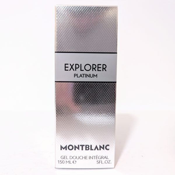 Silver box of Montblanc Explorer Platinum shower gel, 150ml, with textured design and product details visible.