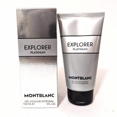 Montblanc Explorer Platinum shower gel and its packaging box, both silver with black text, are displayed against a white background.