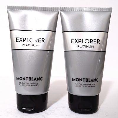 Two silver tubes of Montblanc Explorer Platinum shower gel are displayed side by side on a white background.