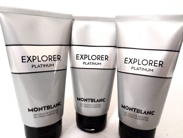 Three silver tubes of Montblanc Explorer Platinum all-over shower gel stand side by side against a white background.