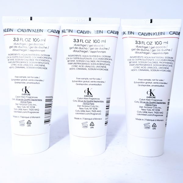 Three tubes of Calvin Klein shower gel, 100 ml each, with English and French text on a white background.