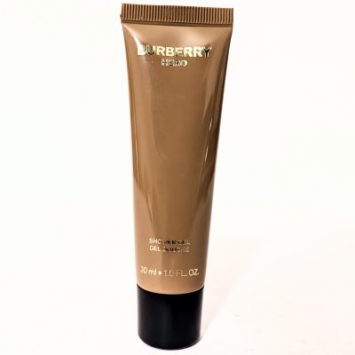 A 30 ml tube of Burberry Hero shower gel with gold branding on a light background.