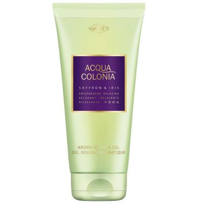 Tube of Mäurer & Wirtz 4711 Acqua Colonia Shower Gel, featuring saffron and iris fragrance, in a light green bottle with a purple and gold label.