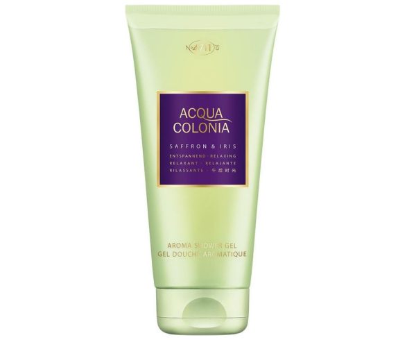 Tube of Mäurer & Wirtz 4711 Acqua Colonia Shower Gel, featuring saffron and iris fragrance, in a light green bottle with a purple and gold label.