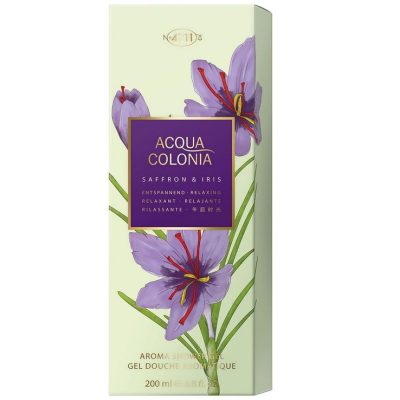 The packaging for Mäurer & Wirtz 4711 Acqua Colonia Saffron & Iris Shower Gel, a 200 ml unisex product, features a floral design with details in English and Chinese.