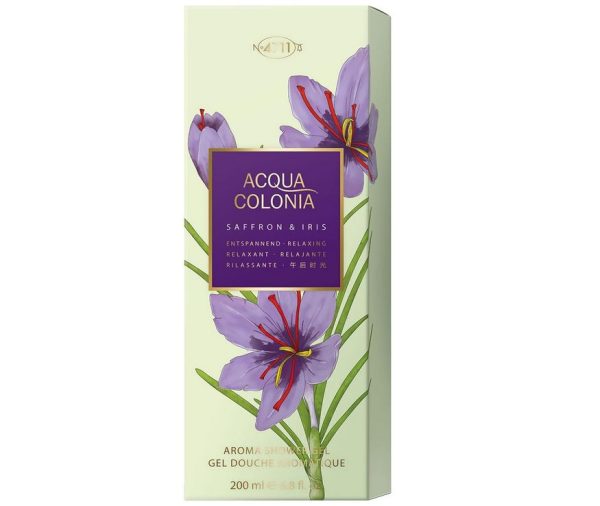 The packaging for Mäurer & Wirtz 4711 Acqua Colonia Saffron & Iris Shower Gel, a 200 ml unisex product, features a floral design with details in English and Chinese.