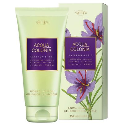 A tube and box of Mäurer & Wirtz 4711 Acqua Colonia Saffron & Iris shower gel, with purple iris flowers on the packaging.