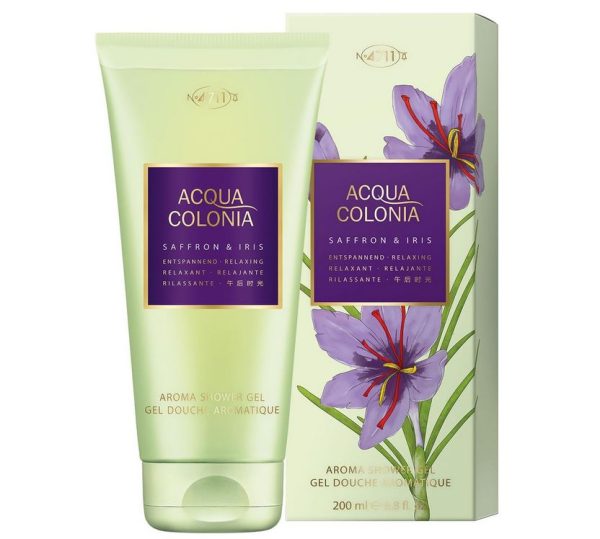 A tube and box of Mäurer & Wirtz 4711 Acqua Colonia Saffron & Iris shower gel, with purple iris flowers on the packaging.