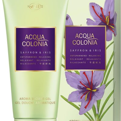 Mäurer & Wirtz 4711 Acqua Colonia Saffron & Iris Shower Gel comes in a 200ml tube with boxed packaging featuring purple iris illustrations. This unisex product is available in a set of three.