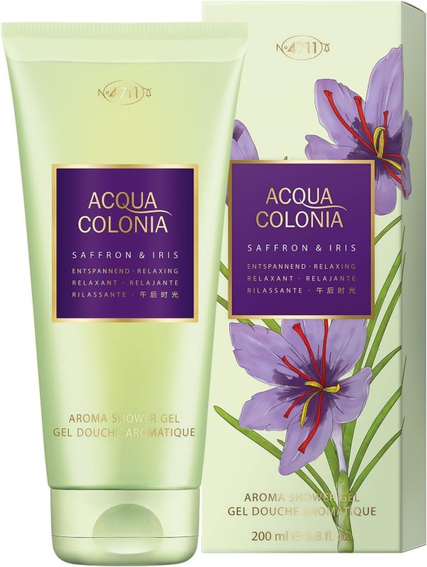 Mäurer & Wirtz 4711 Acqua Colonia Saffron & Iris Shower Gel comes in a 200ml tube with boxed packaging featuring purple iris illustrations. This unisex product is available in a set of three.