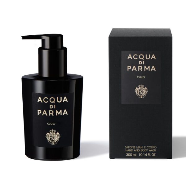 Two Acqua di Parma Oud Hand & Body Wash 300ml bottles, unisex, in black pump bottles with matching black box packaging.