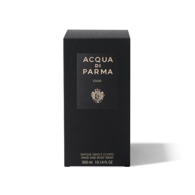 Black 300ml box of Acqua di Parma Oud Hand & Body Wash, featuring white and gold text and logo on the front (Set of 2).