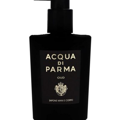 Black pump bottle of 2x Acqua di Parma Oud Hand & Body Wash 300ml, Unisex with a brand label and crest emblem.