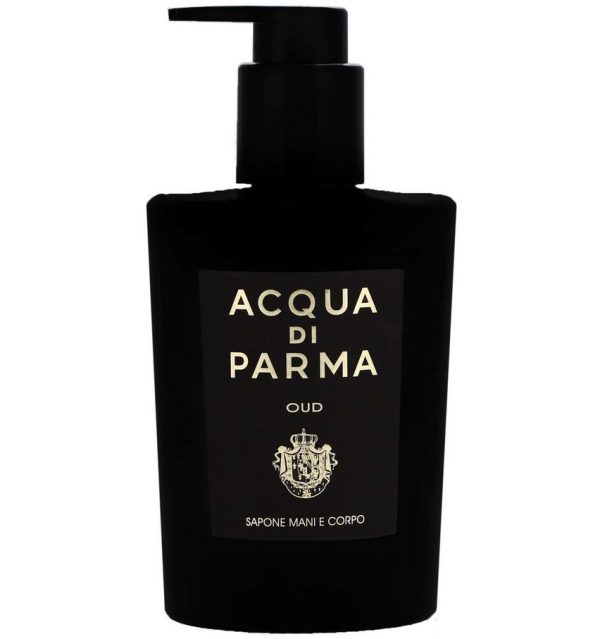 Black pump bottle of 2x Acqua di Parma Oud Hand & Body Wash 300ml, Unisex with a brand label and crest emblem.