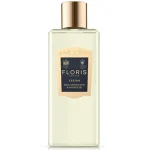 A clear bottle of Floris London Cefiro Moisturising Bath & Shower Gel 250ml, adorned with a gold cap and label featuring text and decorative elements.