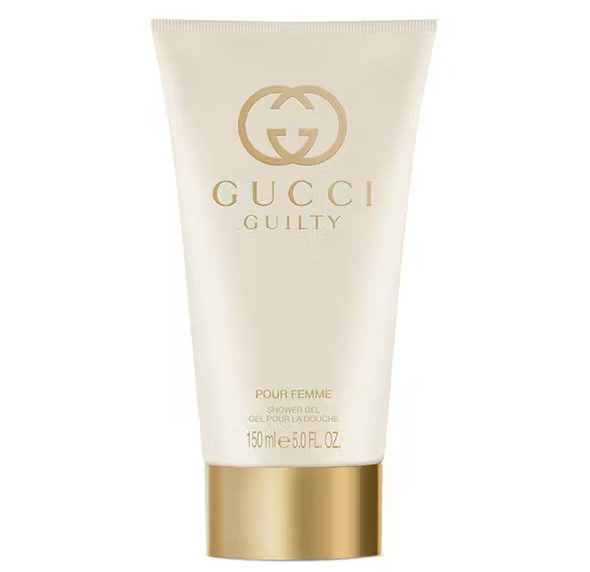 A 150ml tube of Gucci Guilty Shower Gel Body Wash for Women, featuring a gold cap and white packaging.