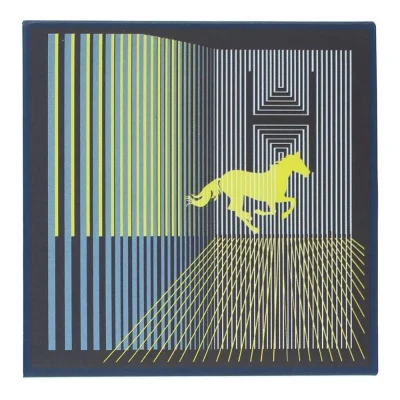 The Hermès Eau de Citron Noir Soap Bar 100g features a geometric design with vertical and diagonal stripes, creating an optical illusion of depth, while a yellow horse silhouette seems to run through the pattern.