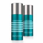 Two Jean Paul Gaultier Le Male Deodorant Spray 150ml bottles in teal and silver, labeled "Le Deodorant," stand upright against a white background.