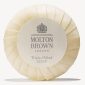 Round Molton Brown triple-milled milk soap wrapped in cream paper featuring a logo and text, available as 5x 25g miniatures.