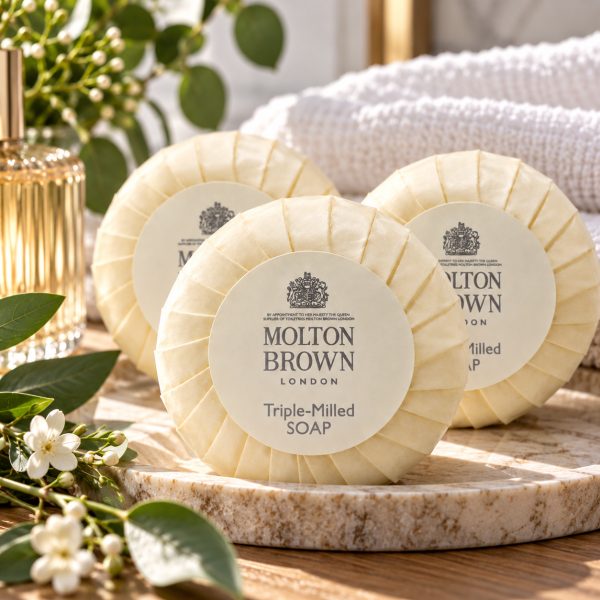 Three 3x Molton Brown Triple-Milled Milk Soap 25g Minatures are arranged on a table with greenery, flowers, a towel, and a glass perfume bottle in the background.