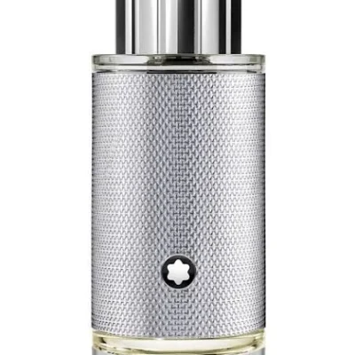 Montblanc Explorer Platinum EDP for Men, 30ml, features a textured silver bottle with a chrome cap and star emblem, holding a light-colored liquid.