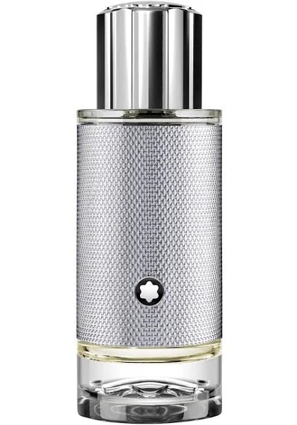 Montblanc Explorer Platinum EDP for Men, 30ml, features a textured silver bottle with a chrome cap and star emblem, holding a light-colored liquid.