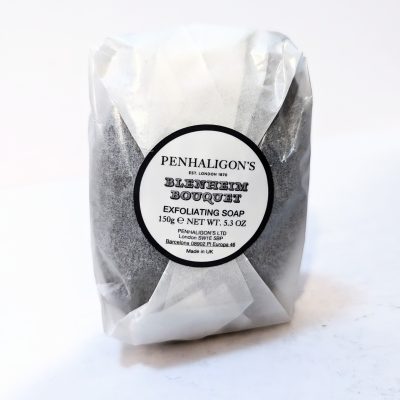 Wrapped bar of Penhaligon's Blenheim Bouquet exfoliating soap, weighing 150g, with a white and black label.