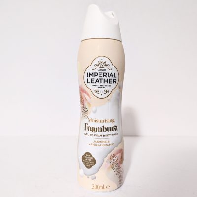 A 200ml bottle of Imperial Leather Moisturising Foamburst gel to foam body wash in Jasmine & Vanilla Orchid scent is shown against a plain background.