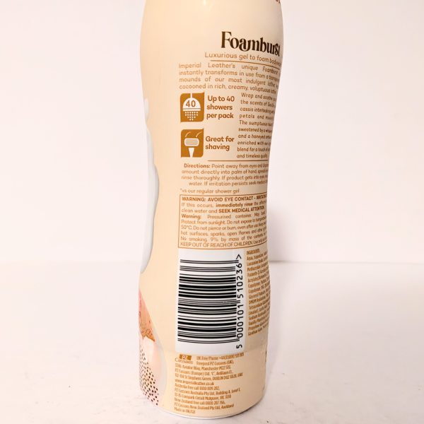 Back of a foam body wash bottle showing usage instructions, product features, a barcode, and cautionary information on the label.
