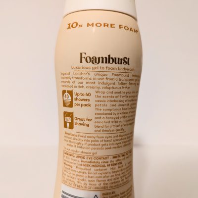 A bottle of FoamBurst gel to foam body wash with product details, usage instructions, and warnings printed on the label.