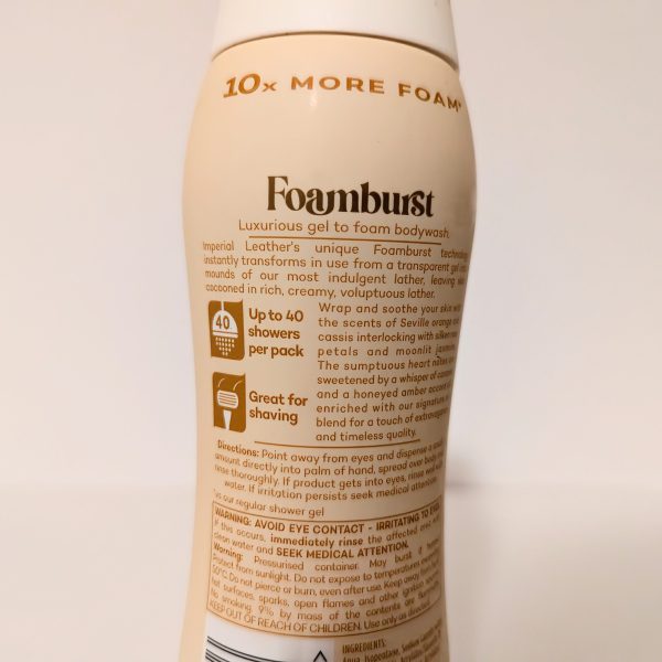 A bottle of FoamBurst gel to foam body wash with product details, usage instructions, and warnings printed on the label.