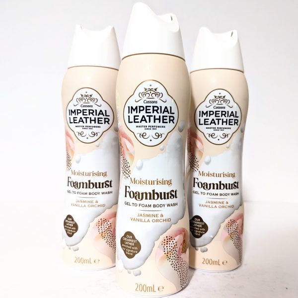 Three bottles of Imperial Leather Moisturising Foamburst gel to foam body wash, jasmine and vanilla orchid scent, 200ml size, standing upright on a white background.