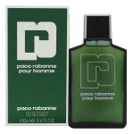 A green bottle of Paco Rabanne Pour Homme EDT for Men, 100ml Spray is shown beside its matching green box with white text.