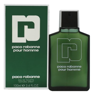 A green bottle of Paco Rabanne Pour Homme EDT for Men, 100ml Spray is shown beside its matching green box with white text.