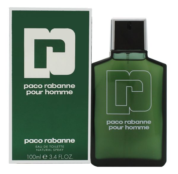 A green bottle of Paco Rabanne Pour Homme EDT for Men, 100ml Spray is shown beside its matching green box with white text.