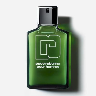 A green bottle of Paco Rabanne Pour Homme EDT for Men, 100ml Spray, set against a white background.