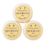 Three 30g bars of Penhaligon's Quercus Triple Milled Soap miniatures, each individually wrapped and labeled with the brand and product name.