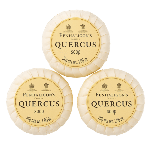 Three 30g bars of Penhaligon's Quercus Triple Milled Soap miniatures, each individually wrapped and labeled with the brand and product name.