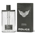 A bottle of Police Original 100ml Eau De Toilette EDT Spray for Men is displayed next to its matching black and gray box.