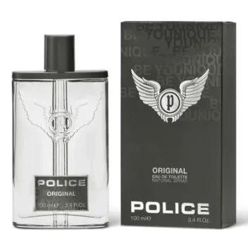A bottle of Police Original 100ml Eau De Toilette EDT Spray for Men is displayed next to its matching black and gray box.